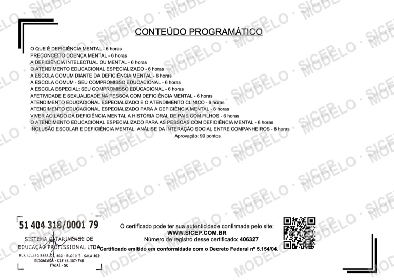 Verso do certificado: conteúdo programático e código de validação